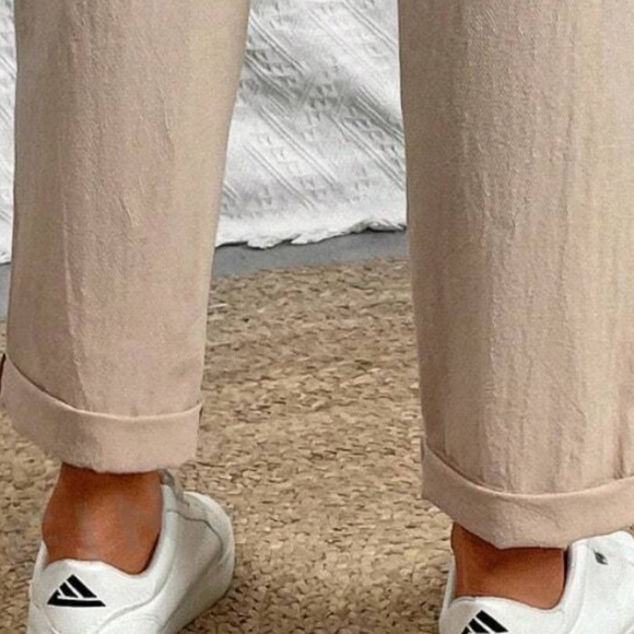 Classic Tan Linen Cropped Jogger Pants - Picture 3 of 5
